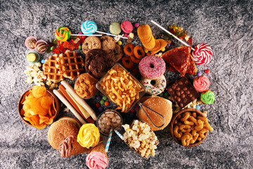 Unhealthy products. food bad for figure, skin, heart and teeth.