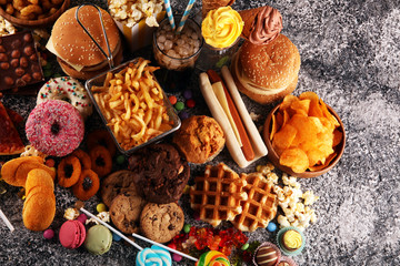 Unhealthy products. food bad for figure, skin, heart and teeth.