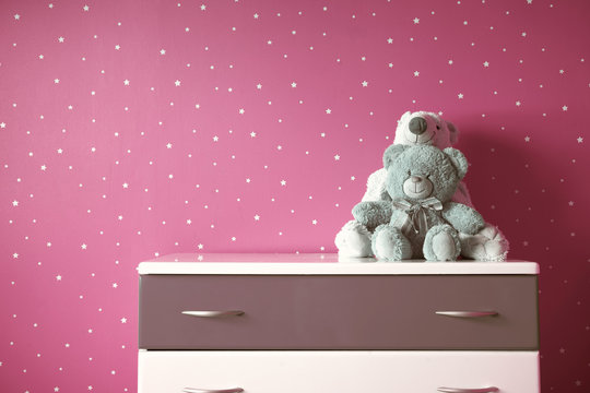 Toys In Pink Room. Mockup Wall