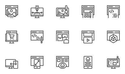 Web development and web design vector line icons set. User interface design, web page programming, responsive design. 48x48 Pixel Perfect.