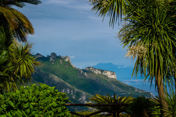 Fototapeta na wymiar Sea and Mountains view from the Garden of Villa Rufolo, historic center of Ravello, Amalfi Coast of Italy