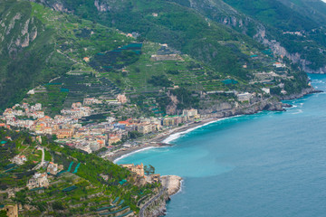 Sea, Beach, and Mountains view from the Garden of Villa Rufolo, historic center of Ravello, Amalfi Coast of Italy