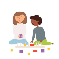 Obraz premium A boy and a girl play educational games collect the shapes of the correct form. Children's activities. Funny kids games. Vector editable illustration