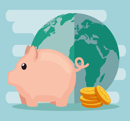 coins cash money with piggy and global map