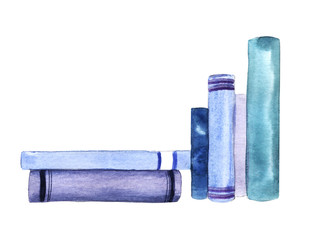 Watercolor abstract image of books leaning against each other and stacked. Spine viewed books isolated on white background. Hand drawn illustration on textured paper