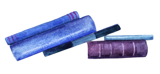 Watercolor abstract image of books leaning against each other. Spine viewed books of blue and purple shades isolated on white background. Hand drawn illustration on textured paper.