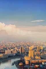 Fototapeta premium cityscape of modern and urban skyscrapers Moscow International Business Center is Architecture and landmark of Moscow City with sweet sunset sky, moscow city, Russia