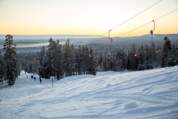 Winter mountains panorama with ski slopes and ski lifts near Vogel ski center, Slovenia