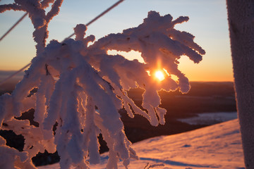 Snowboarder ride on the top of snowy hill in ski resort during calm winter sunset. Scenery of athlete - wallpaper with space for your montage