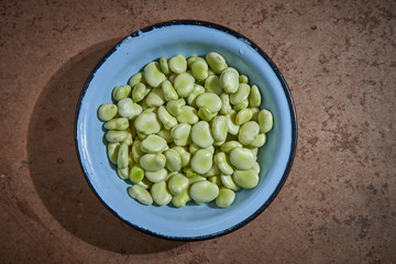 Broad beans are in a blue bowl on the brown table
