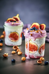 Fresh yogurt with chia, figs, blueberries and nuts