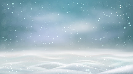 Evening snowstorm and snowy landscape, winter snowdrifts with flying snow. Vector illustration.