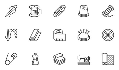 Sewing vector line icons set. Needlework, stitching, sewing machine, measuring tape, wool. Editable stroke. 48x48 Pixel Perfect.