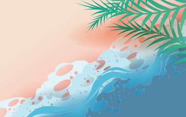 Fototapeta na wymiar illustration of top view Tropical leaf and sea waves on the beach. Summertime season background with seacoast.Creative design paper art scene place for your text concept.Paper cut and craft.vector