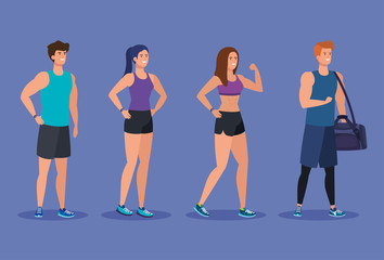 Obraz premium set of fitness women and men to exercise activity