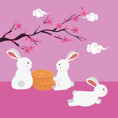rabbits group witth tree branch floral scene