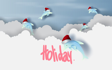 Merry Christmas and Happy new year with  dolphin hat santa jump on air sky concept.Holiday festival party landscape.scene place of your text for card and poster.Paper cut and craft. vector.EPS10