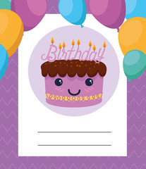 letter with happy cake with candles and balloons