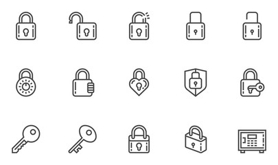 Locks vector line icons set. Keys, padlocks, safe deposit. Editable stroke. 48x48 Pixel Perfect.
