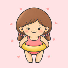 Cute girl in swim wear with life ring cartoon hand drawn style