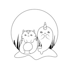 cute narwhal fairytale with cat kawaii style