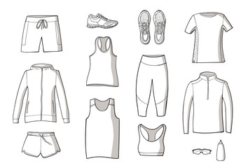 Running clothes set of hand drawn illustrations. Doodle style. Line on white background