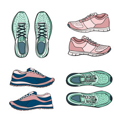 Running shoes set of hand drawn illustrations. Colorful doodle style. Vector