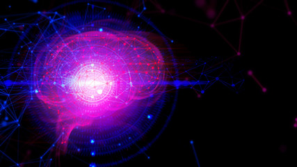 futuristic brain ai of robotic system is connecting with technology network, background 3d illustration rendering, atom cell neuron plexus, digital data machine deep learning