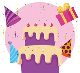 sweet cake with cherrys and present gift with party hat