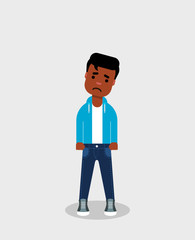 Sad young African American man. Teenagers depression. Low mood, unhappy teen. Bad day concept, apathy. Boy in jeans and sweatshirt looking disappointed. Vector illustration, flat style, clip art.   