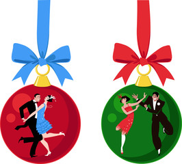 Christmas ornaments with couples dressed in 1920s outfits dancing the Charleston, EPS 8 vector illustration