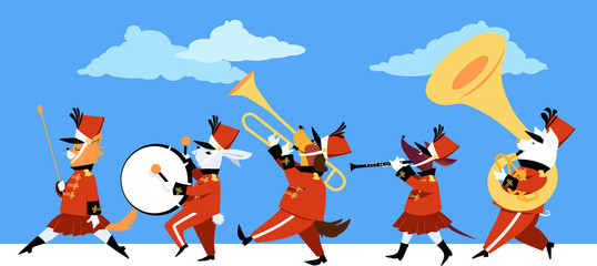 Cute cartoon animals playing instruments in a marching band parade, EPS 8 vector illustration