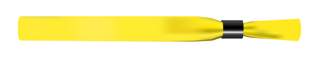 Vector illustration of yellow empty fabric polyester bracelet or wristband with plastic safety lock. Hand entrance festival bracelet isolated on white. Template or mock up suitable for identification.