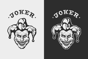 Laughing Head Joker. Hand drawn character. Craft retro graphic design fashion apparel print. T shirt graphic vintage vector illustration label logo sign symbol emblem. White and black background. 