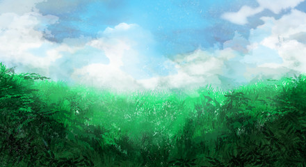 Game Art Fantasy Hill Environment Digital Artwork, Concept Illustration, Realistic Cartoon Style Scene Design Landscape