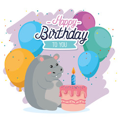 cute hippopotamus animal with sweet cake and balloons