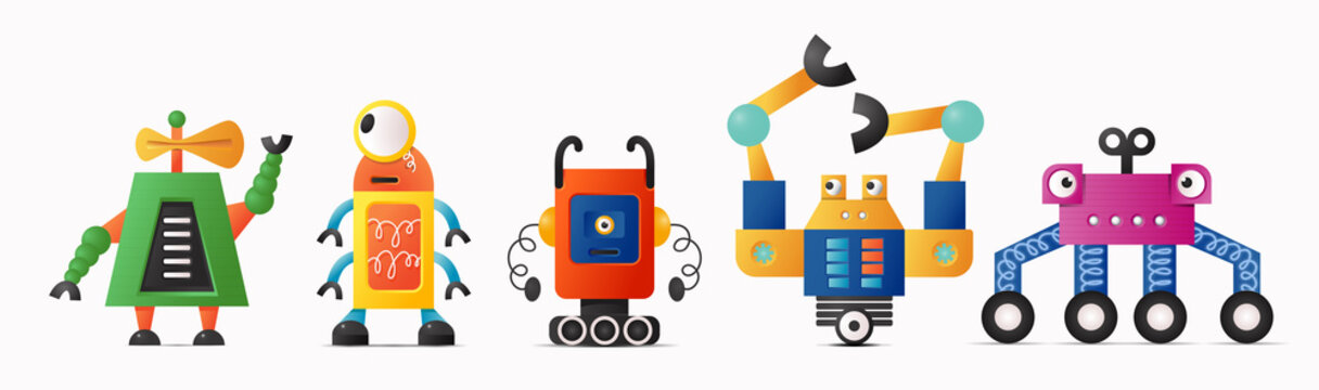 Set of cute vector robot characters for kids. Funny retro style robotics