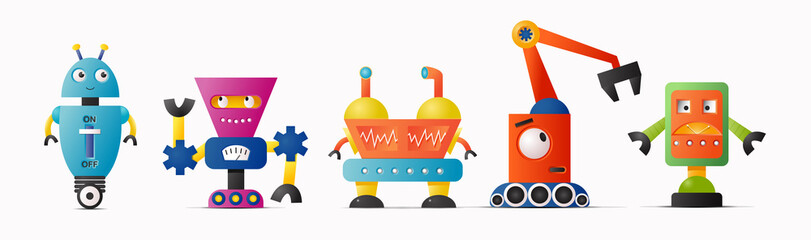 Set of cute vector robot characters for kids. Future robotics and artificial intelligence