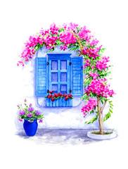 Window with pink bougainvillea tree .Watercolor illustration.