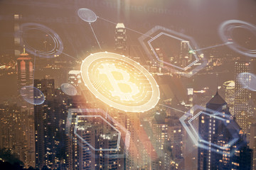 Multi exposure of cryptocurrency theme hologram drawing and city veiw background. Concept of...