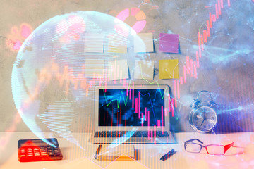 Double exposure of business theme icons and work space with computer background. Concept of success.