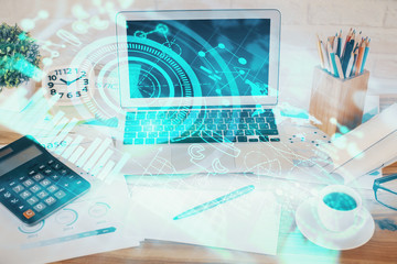 Double exposure of business theme icons and work space with computer background. Concept of success.