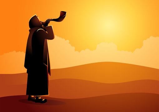  Jewish man blowing the Shofar ram’s horn