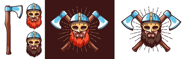 Nordic warrior logo - bearded Viking in helmet with mask and crossed battle axes. Vector illustration.