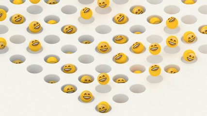 Many smile emoji balls hanging on white background. Smiley emoticon