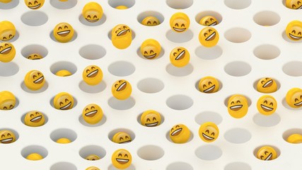 A lot of smile emoticon balls hanging on white background. smiley emoji