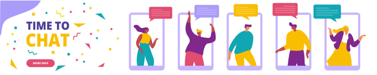 Online chat. People use smartphone for chatting in social media horizontal banner.  Communication, conversation, dialog. Messenger.  Flat vector illustration design.