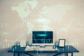 Multi exposure of forex chart and work space with computer. Concept of international online trading.