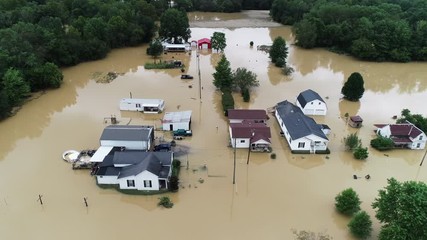 Group of homes flooded in Owingsville, aerial