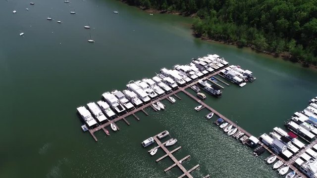 Aerial, boats docked in Cave Run Lake